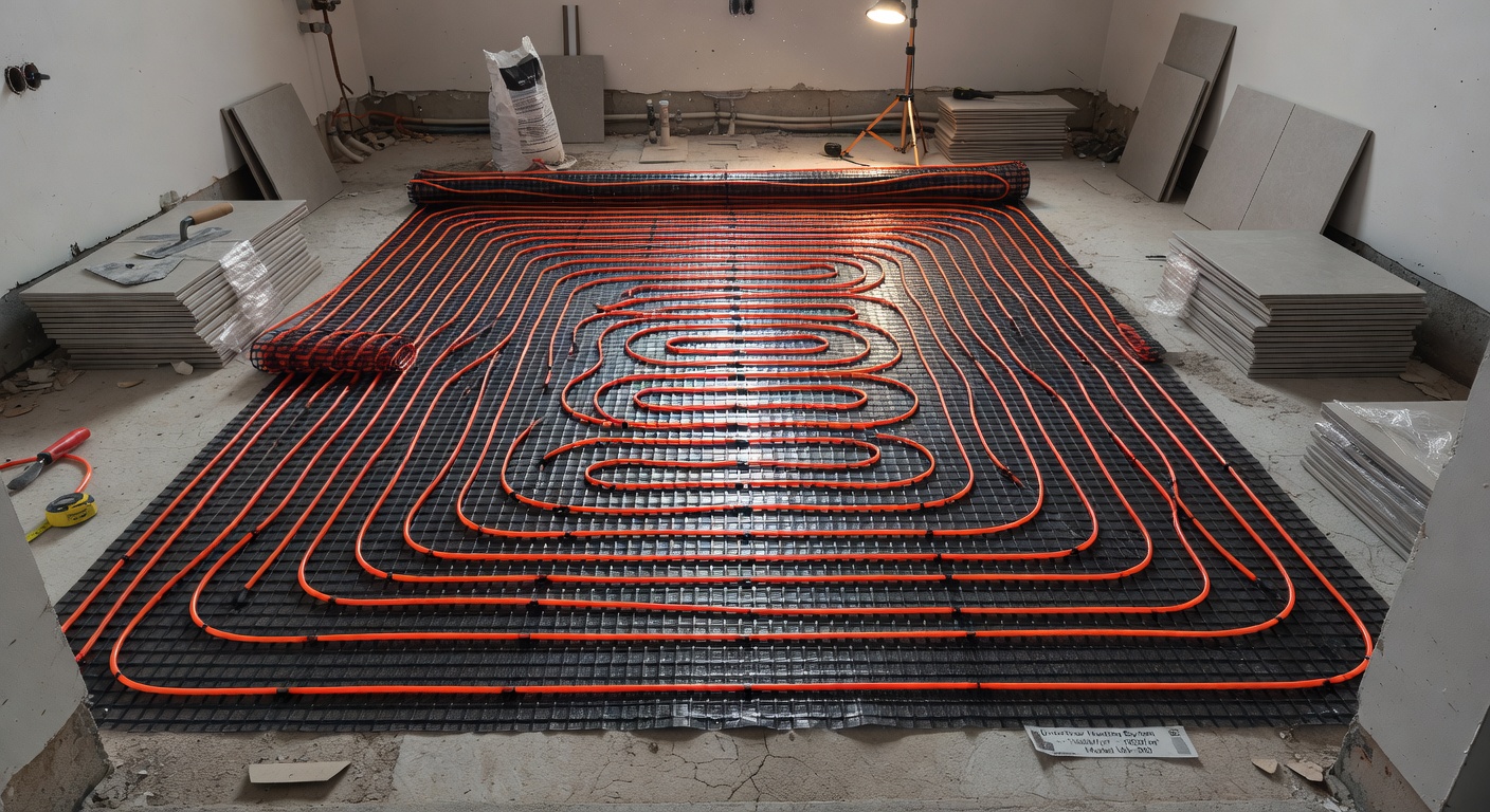 Installatie vloerverwarming onder tegelvloer in badkamer