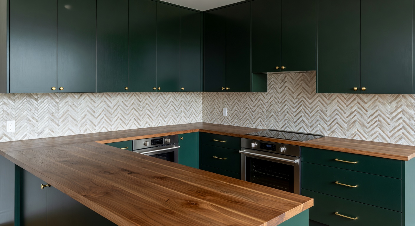 Moderne keuken met groen kasten en houten werkblad